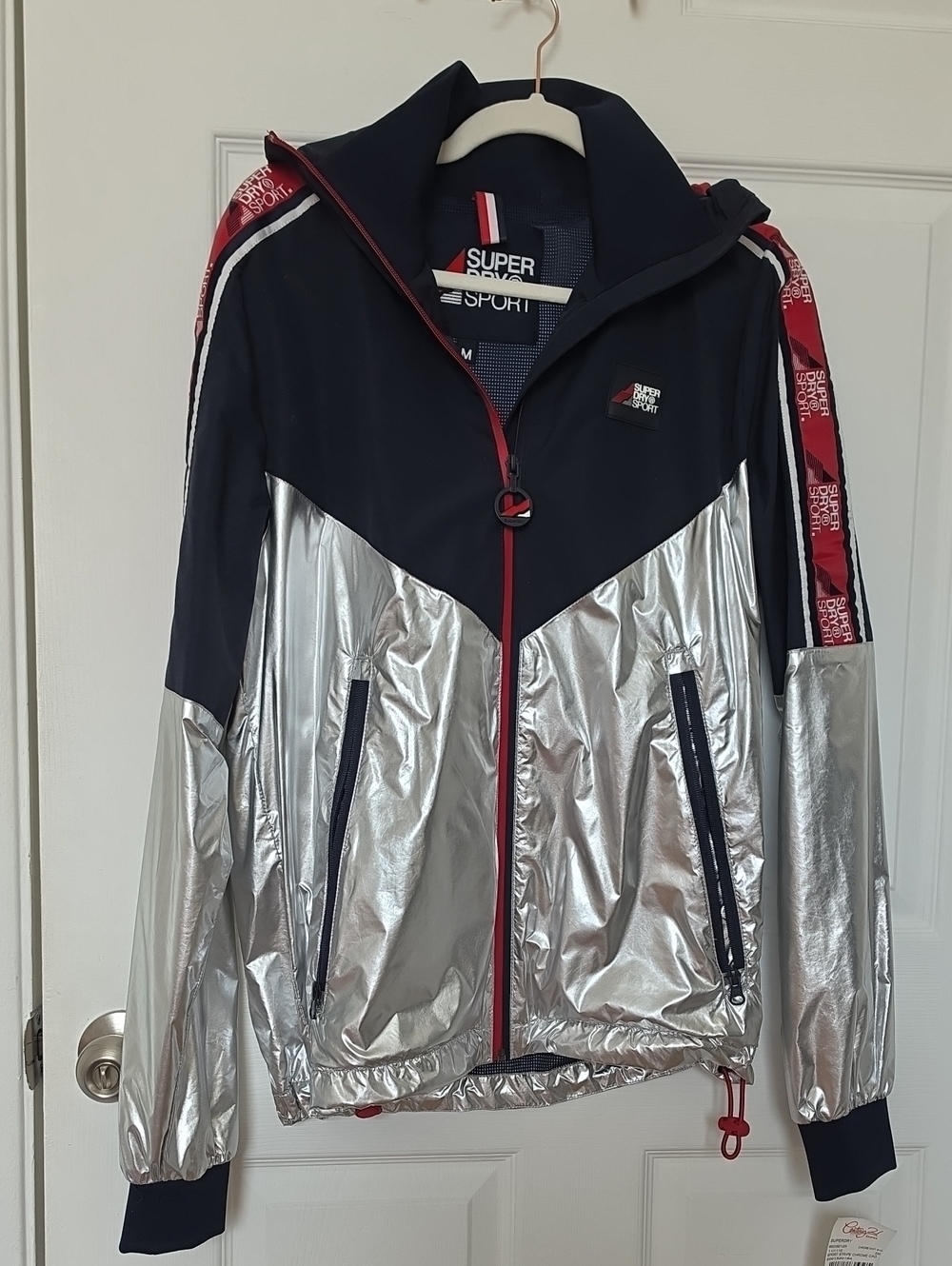 Superdry Men's Silver & Navy Metallic Windbreaker Jacket with Red Trim